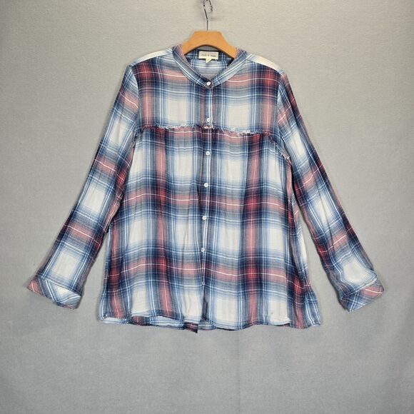 Anthropologie Cloth & Stone Plaid Gauze Button up Shirt Roll tab long sleeve M - Picture 1 of 13